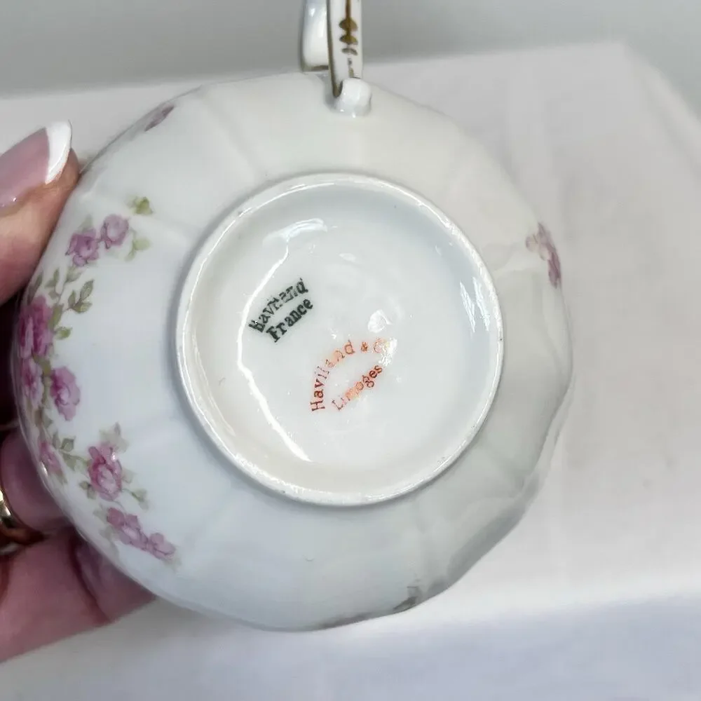 Vintage Haviland France Limoges Set of 2 Tea Cups Gold White Pink Flowers Garden